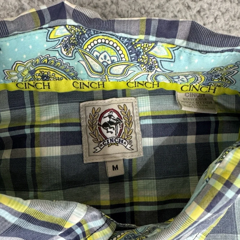 Cinch Shirt Mens Medium Blue Yellow‎ Button Up Western Cowboy Workwear Plaid